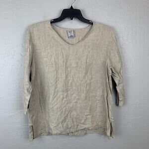 Match Point Shirt Womens Large Beige 100% Linen 3/4 Sleeve Tunic Top USA